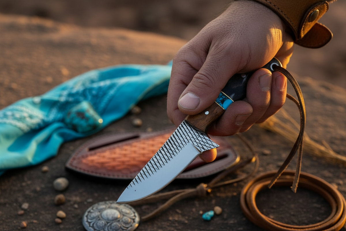 Hand holding the Old West rasp steel knife with horn and turquoise inlay, product photograph from the Frontier Cowboy Gear listing
