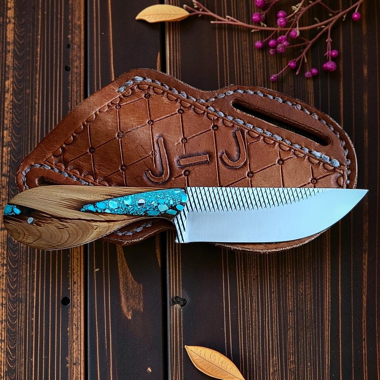 The Turquoise Trail – Custom Handmade Rasp Steel Knife with Turquoise Resin Olivewood Handle & Leather Sheath