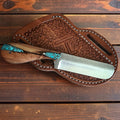 The Canyon King – Custom Handmade Rasp Steel Bull Cutter Knife with Turquoise Stone Filled Walnut Wood Handle & Leather Sheath