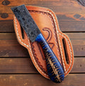 The Midnight Rider – Custom Handmade Damascus Steel Bull Cutter Knife with Blue Epoxy Pine Cone Resin Handle & Leather Sheath
