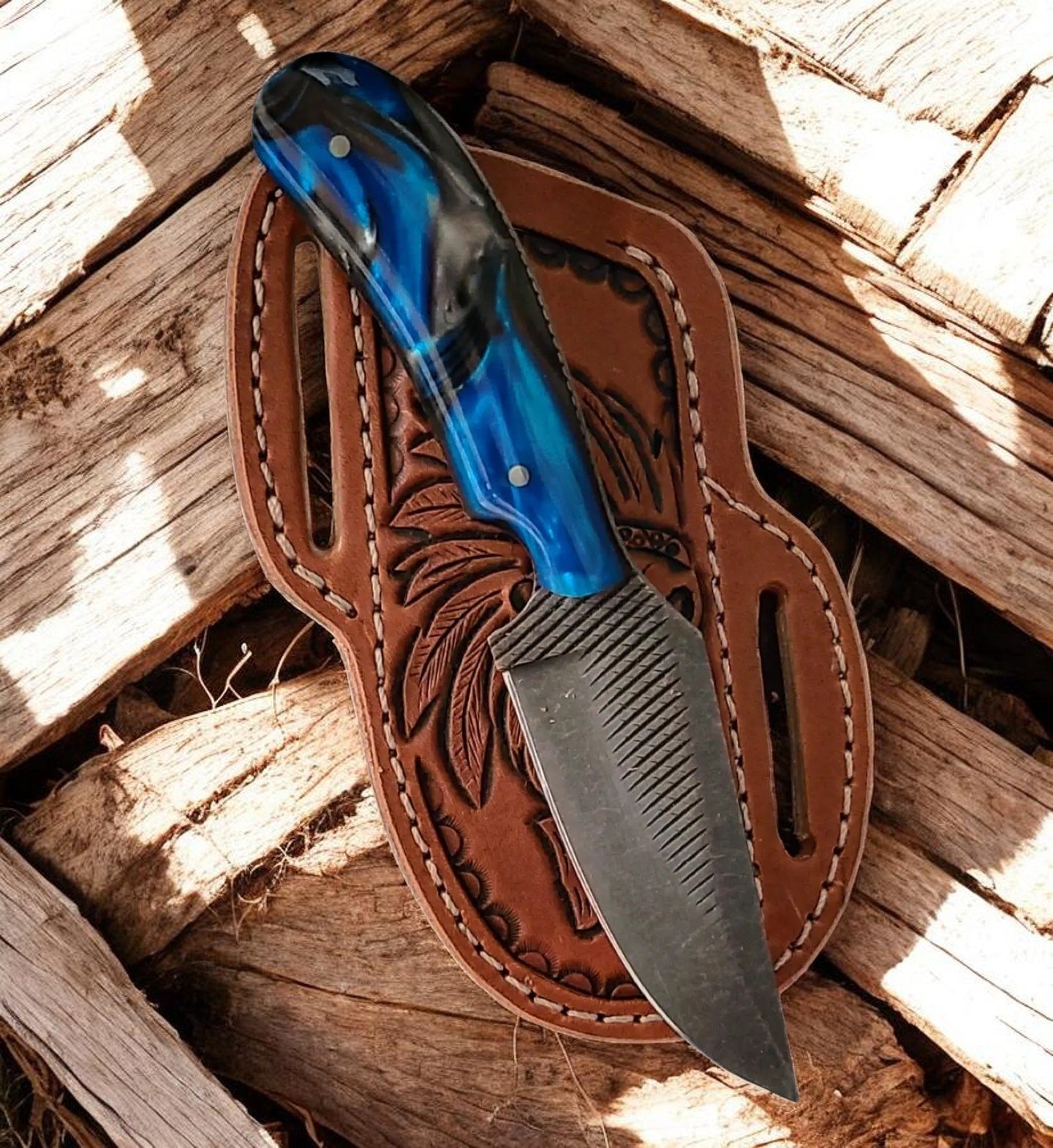 The Doc Holliday – Custom Handmade Old Rasp Steel Knife with Epoxy Resin Handle & Leather Sheath