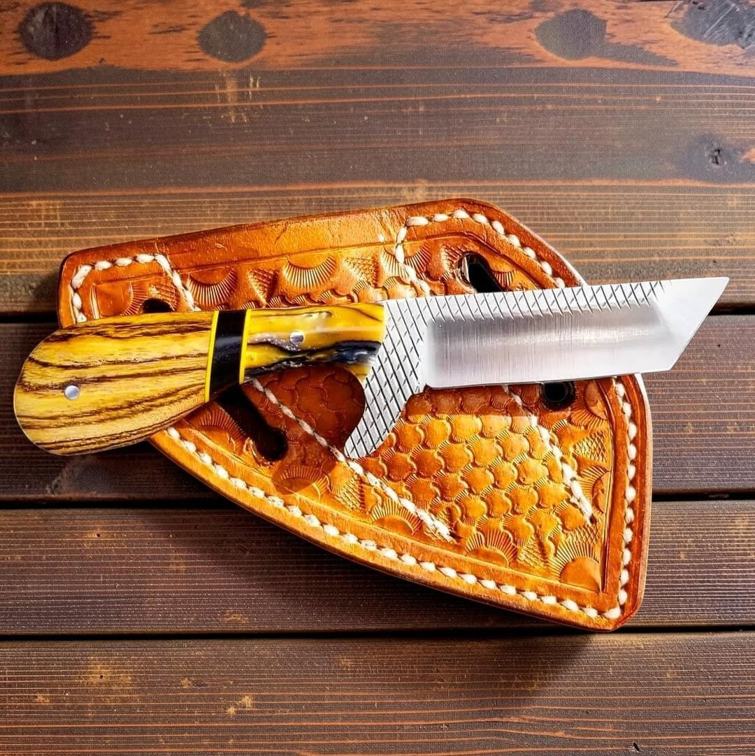 The Iron Maverick – Custom Handmade Rasp Steel Tanto Bull Cutter Knife with Olivewood & Black Resin Handle & Leather Sheath