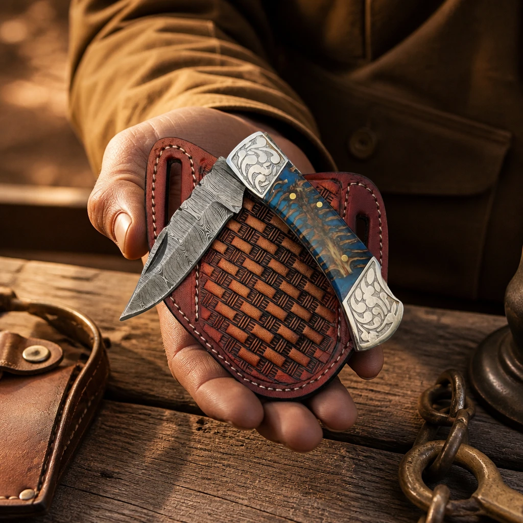 A hand holds a folding pocket knife with a textured gray blade and a blue-and-gold handle, partially tucked into a brown leather sheath. The scene is set on a rustic wooden table with warm, dramatic lighting.