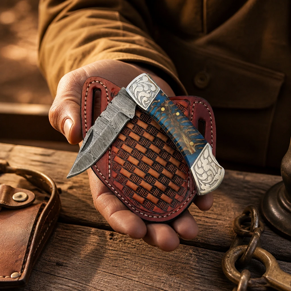 A hand holds a folding pocket knife with a textured gray blade and a blue-and-gold handle, partially tucked into a brown leather sheath. The scene is set on a rustic wooden table with warm, dramatic lighting.