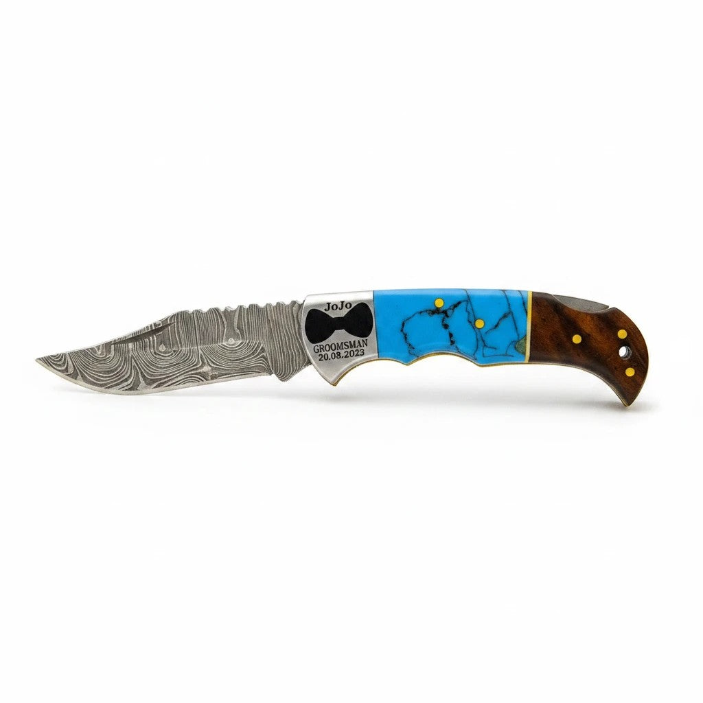 Deadwood Damascus pocket knife with turquoise stone and rosewood handle