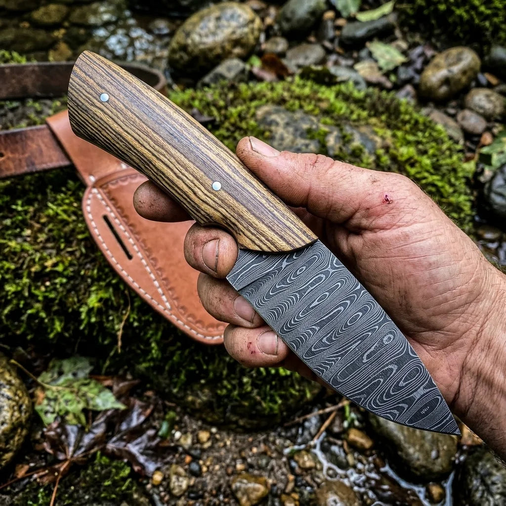 Custom Handmade Damascus Steel Cowboy Hash Ranch Knife with Olivewood Handle & Leather Sheath