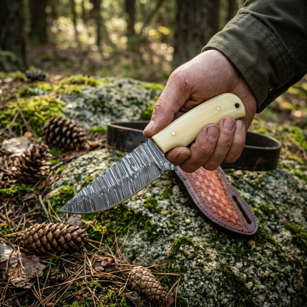 Western Ranch Knife – Fire Damascus Steel & Bone Handle with Leather Sheath