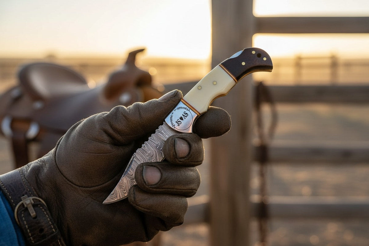Outlaw Damascus Pocket Knife with leather sheath