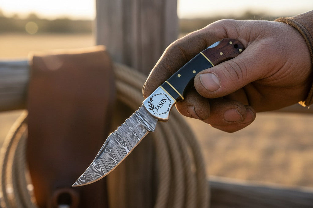 Ranger folding knife held in hand at a ranch fence post