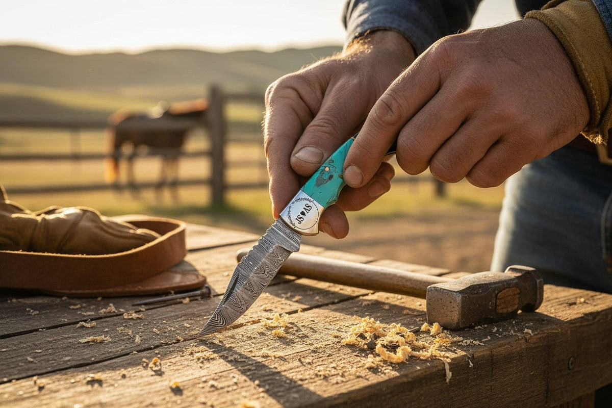 Wrangler Damascus Pocket Knife with a 3-inch Damascus blade, turquoise stone & buffalo horn handle