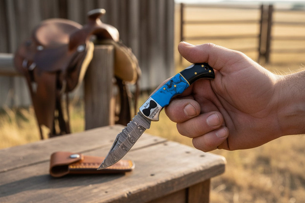 Trailblazer Hunter pocket knife held in hand with a saddle in the background