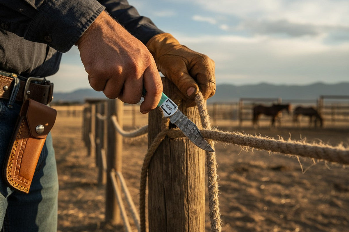 Saddleback Damascus Pocket Knife – Green Turquoise Stone & Bone Handle with Leather Cross Draw Sheath