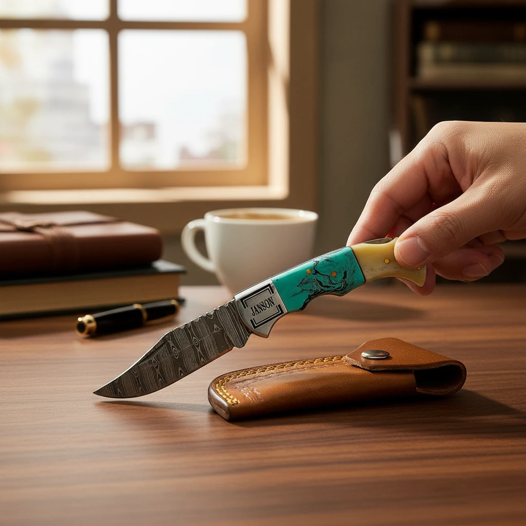 Saddleback Damascus Pocket Knife with a 3-inch Damascus blade, green turquoise stone & bone handle, back lock and leather sheath.