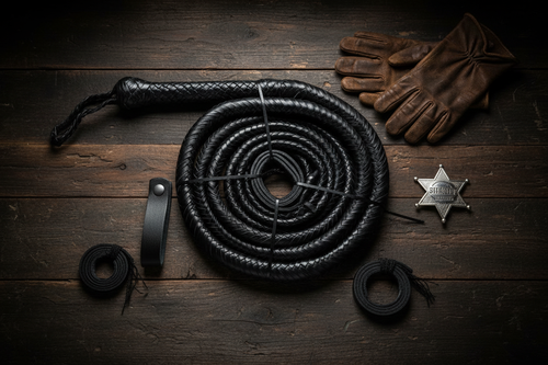 Black hand-braided cowhide stock whip for ranch and cattle handling