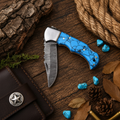 Western Folding Pocket Knife – Damascus Steel with Turquoise Handle & Leather Cross Draw Case