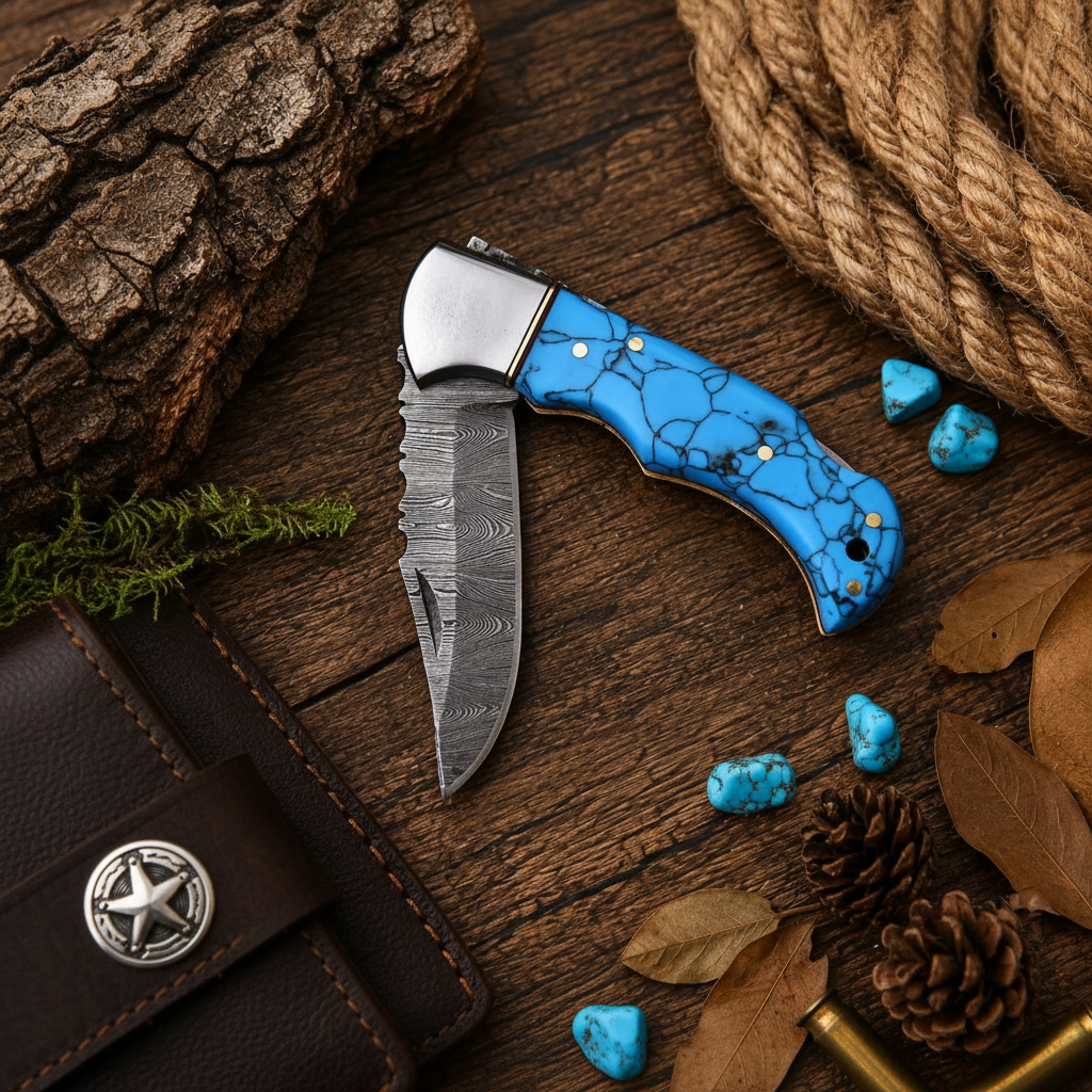 Western Folding Pocket Knife – Damascus Steel with Turquoise Handle & Leather Cross Draw Case
