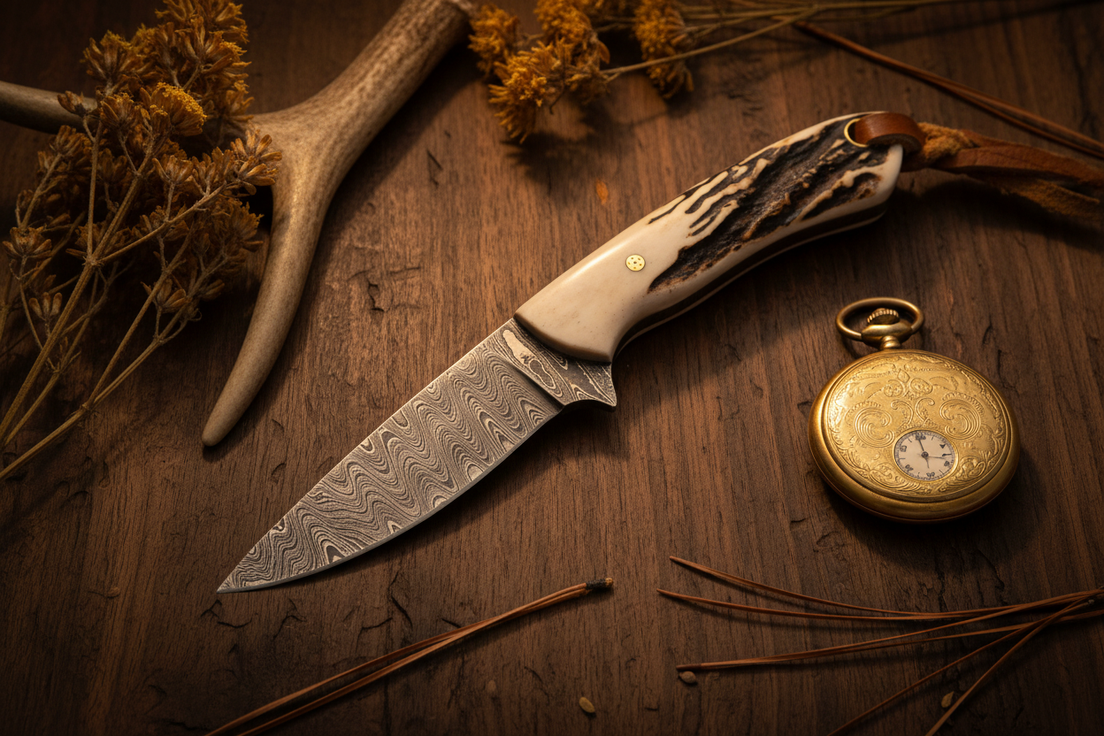 Sideways Belt Knife – Damascus Steel Blade with Leather Sheath | 7"