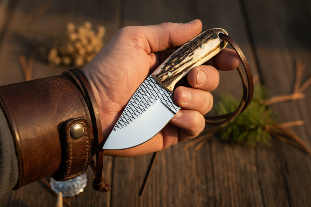 Compact Bull Cutter Neck Knife - Close-Up Hand & Blade Shot