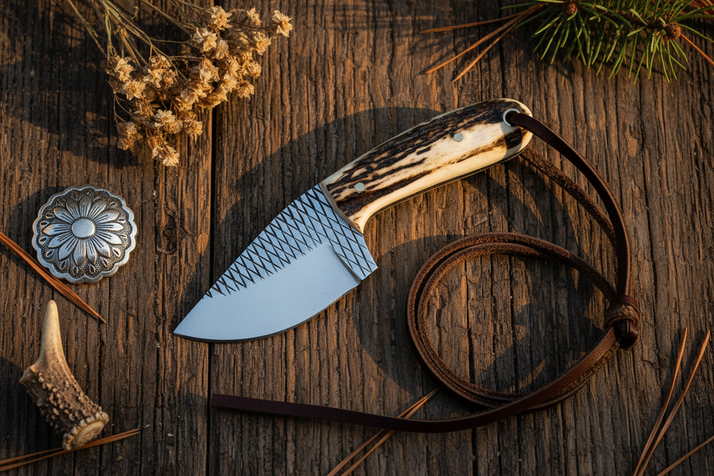 Cowboy Belt Knife – Rasp Tool Steel Blade & Antler Horn Handle with Leather Sheath