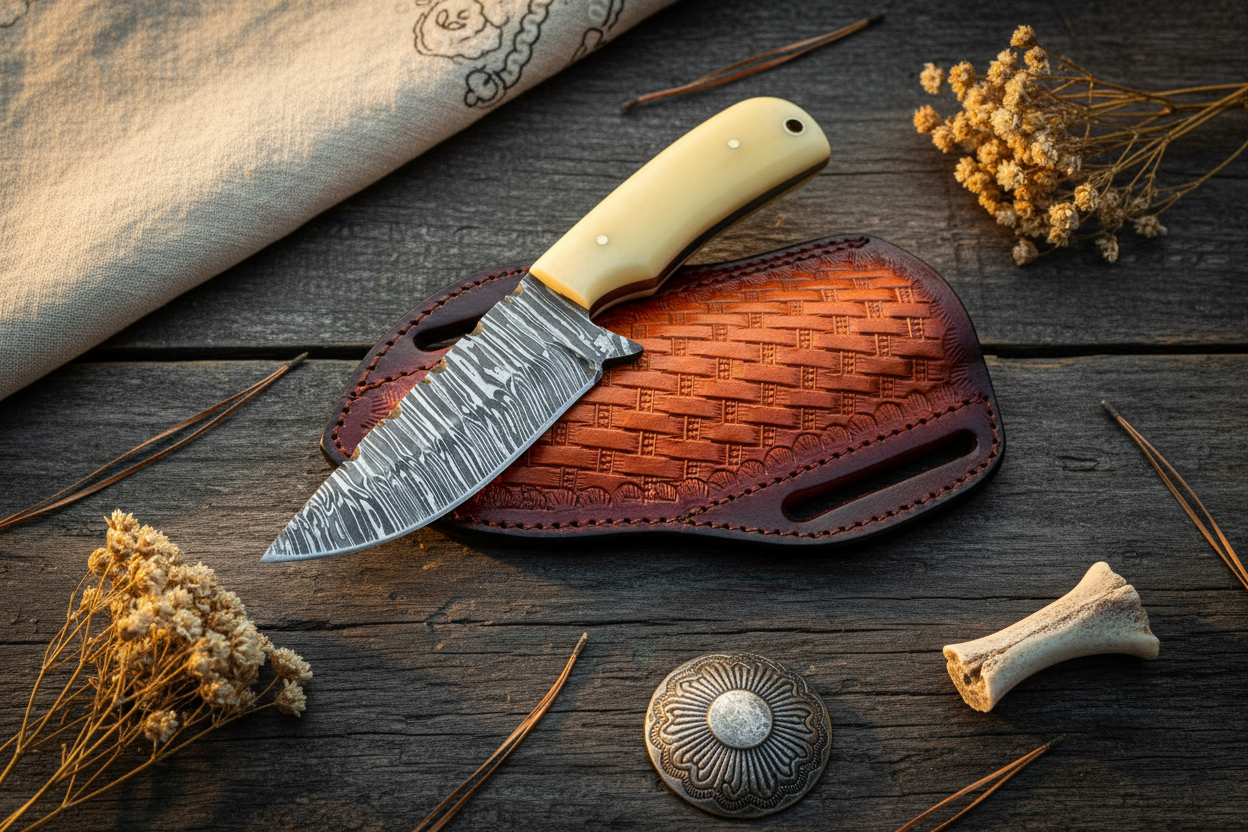 Western Knife – Fire Damascus Steel Blade & Bone Handle with Leather Sheath | 8"