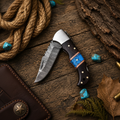 Ranch Pocket Knife – Damascus Steel with Wenge Wood, Turquoise & Leather Cross Draw Case