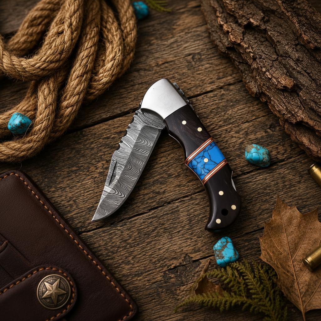 Ranch Pocket Knife – Damascus Steel with Wenge Wood, Turquoise & Leather Cross Draw Case