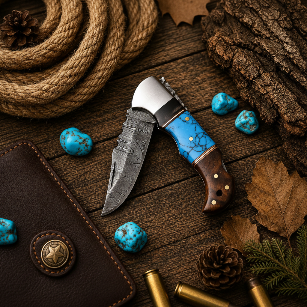 EDC Ranch Pocket Knife – Damascus Steel, Rosewood & Turquoise Handle