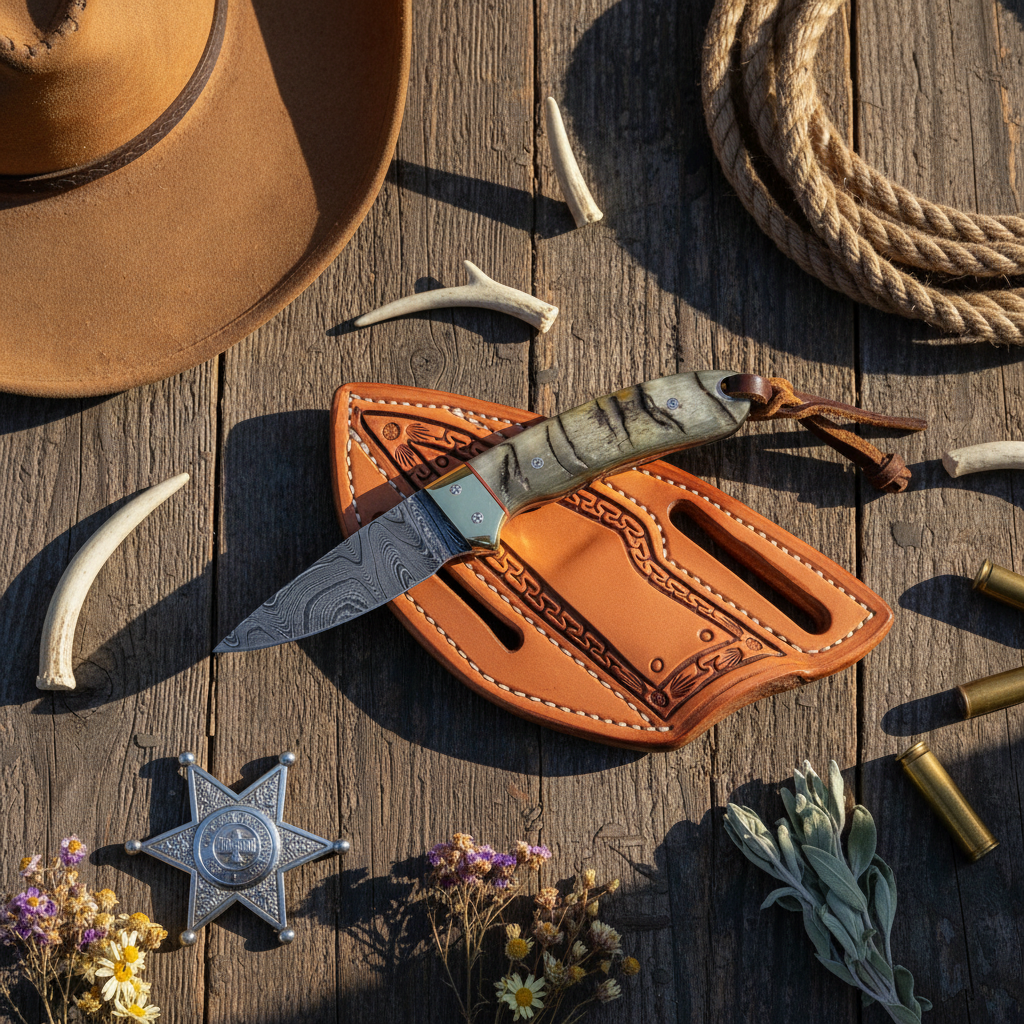 Waistband Knife – Damascus Steel, Sheep Horn Handle & Brass Bolster with Leather Sheath | 6.25"