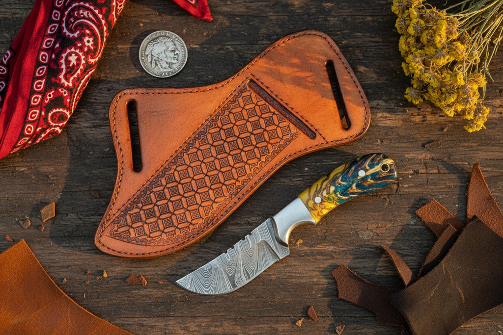 Cross Draw Knife with Sheath – Damascus Steel Blade | 7.5"