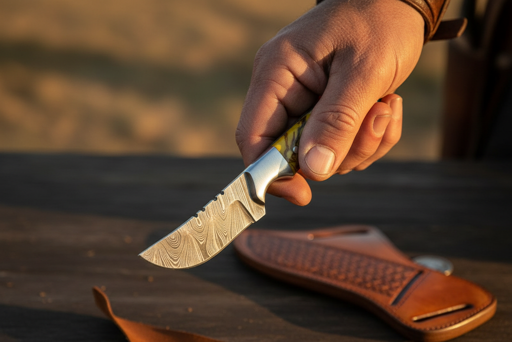 Damascus Skinner with Colorful Resin Handle - Close-Up Hand & Blade Shot