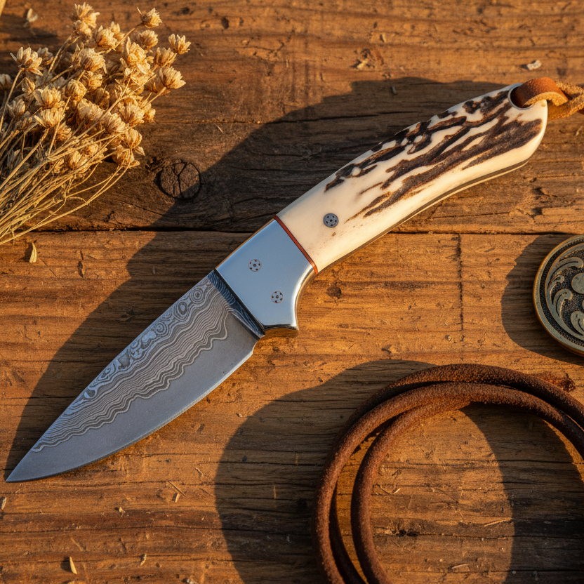 Cross Draw Knife – Damascus Steel Blade with Leather Sheath | 6.25"