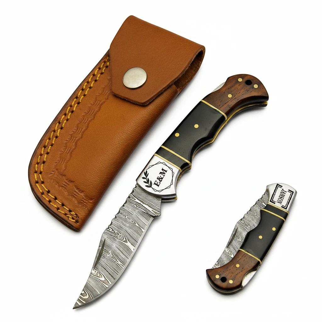 Ranger folding knife shown open and closed with its brown leather sheath