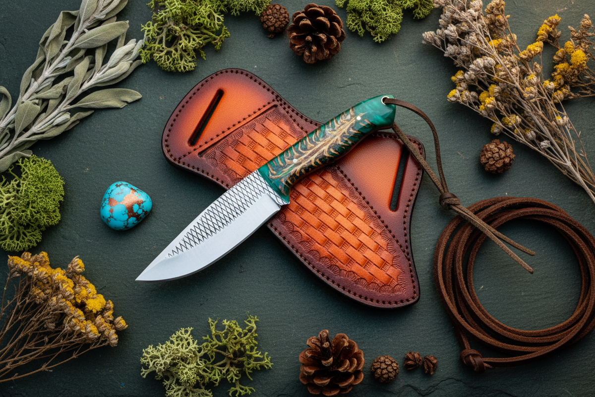 Rasp Steel Western Utility Knife – Green Pine Cone Resin Handle