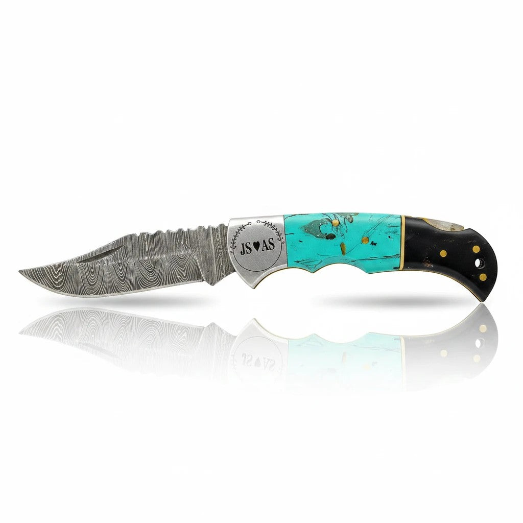 Wrangler Damascus Pocket Knife – Turquoise Stone & Buffalo Horn Handle with Leather Sheath