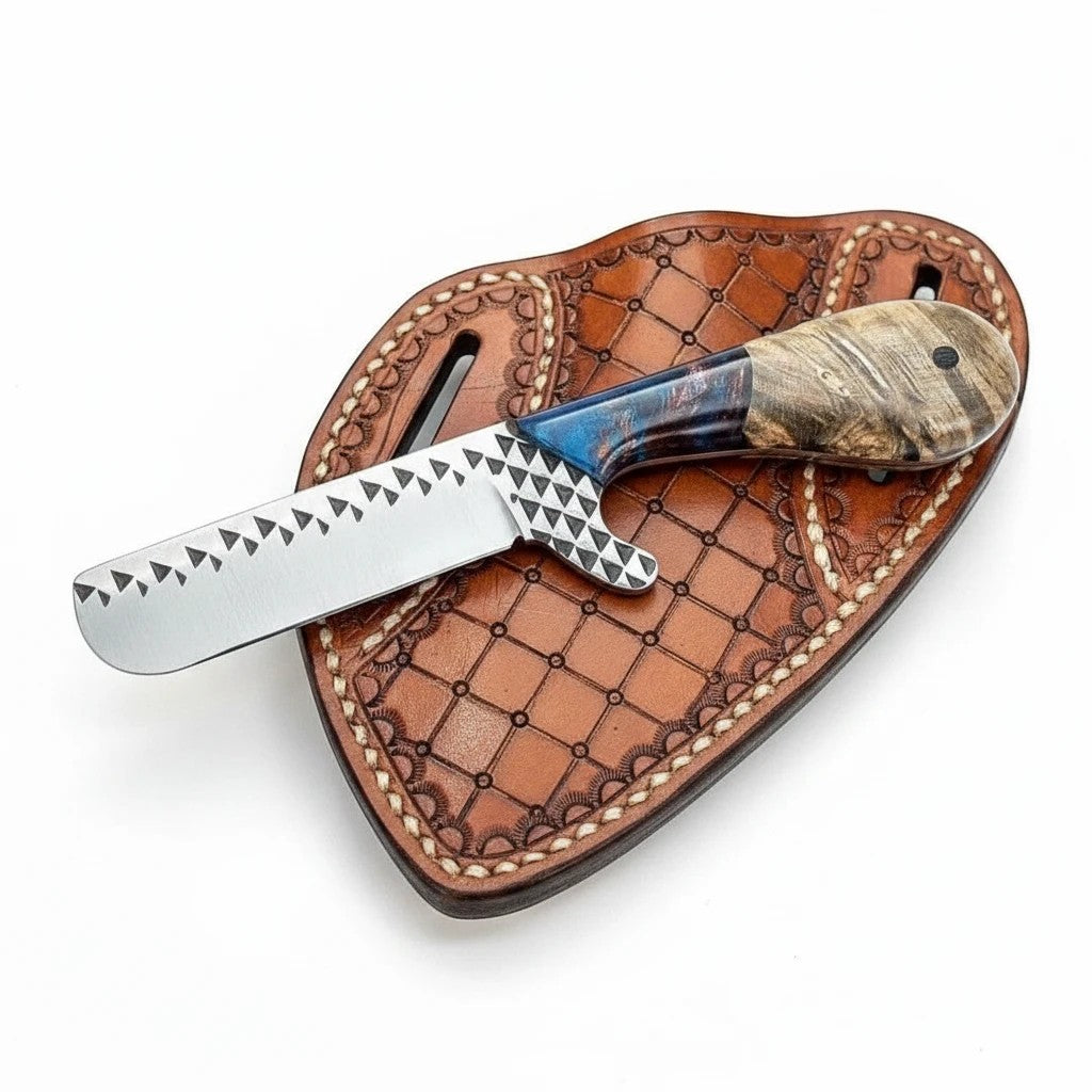 Frontier Cowboy Gear custom handmade western bull cutter knife with farrier rasp steel blade, rosewood & blue epoxy resin handle, and leather sheath.
