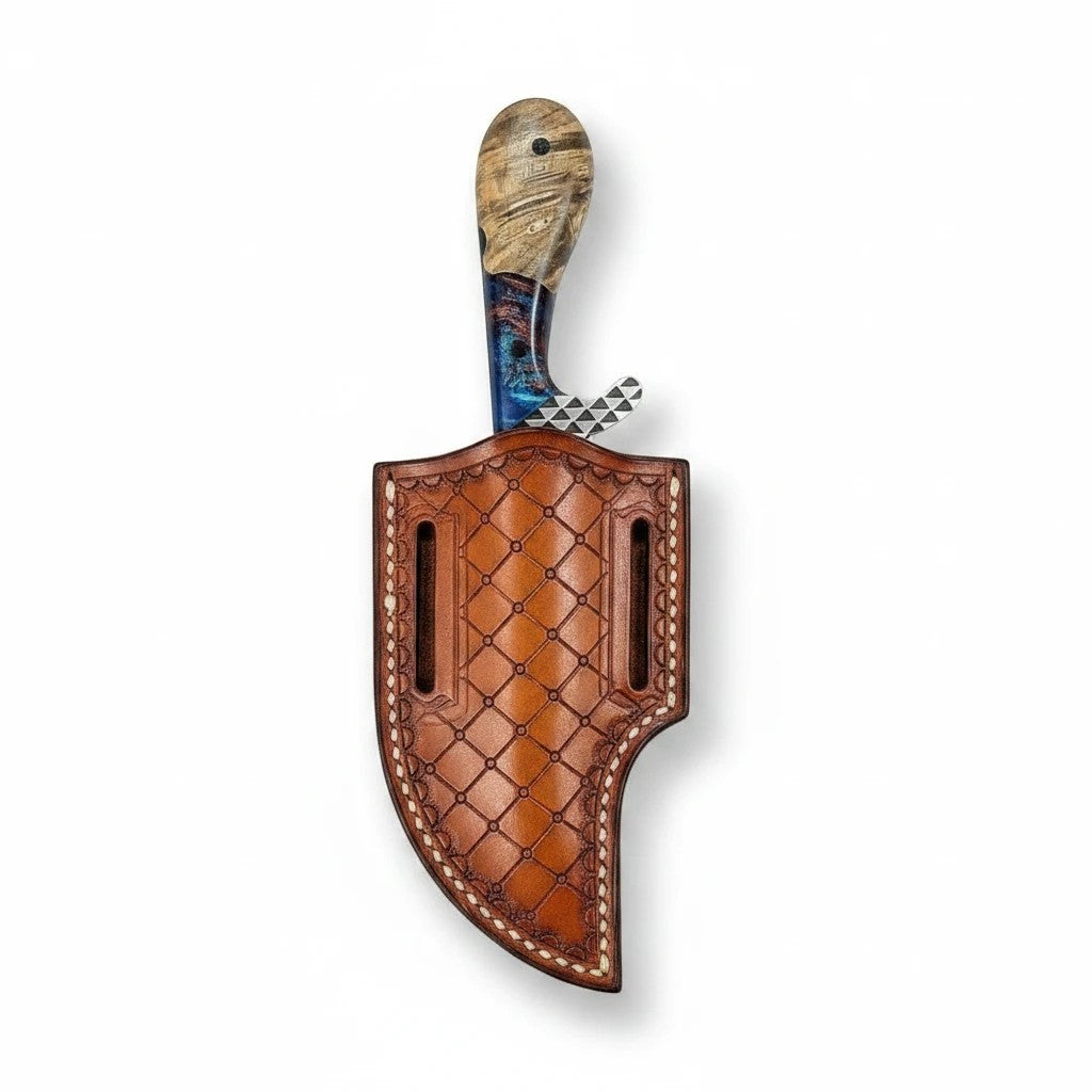 Frontier Cowboy Gear Stampede western bull cutter knife with rosewood & blue epoxy resin handle and leather sheath.