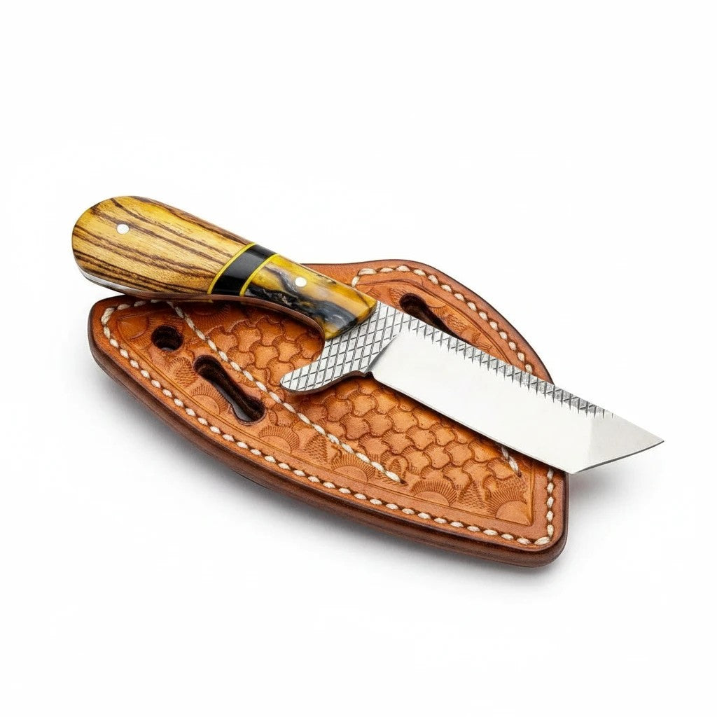 Frontier Cowboy Gear Iron Maverick tanto bull cutter knife with olivewood & black resin handle and leather sheath.