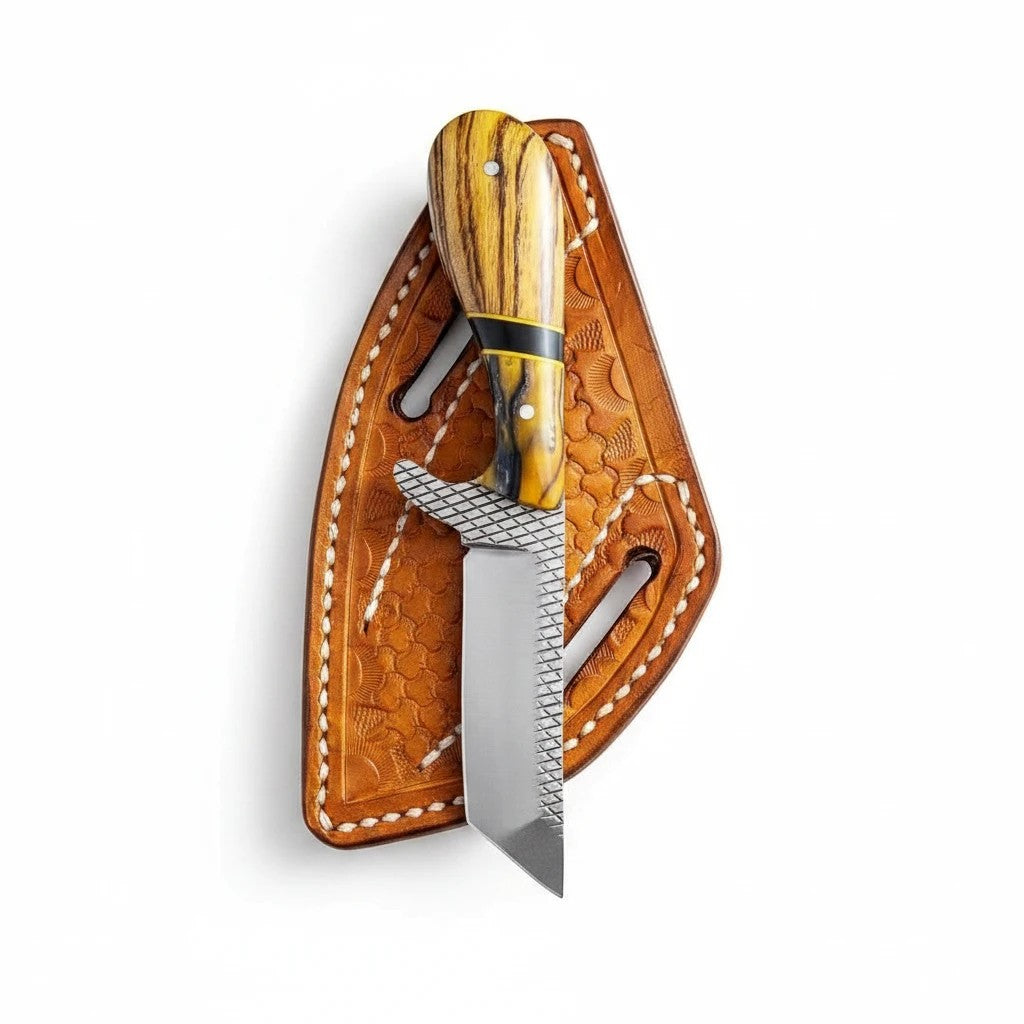 Frontier Cowboy Gear Iron Maverick tanto bull cutter knife with olivewood & black resin handle and leather sheath.