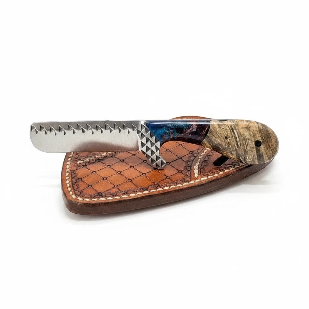 Frontier Cowboy Gear Stampede western bull cutter knife with rosewood & epoxy resin handle and leather sheath.