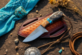 Old West Rasp Steel Knife with Sheep Horn, Turquoise Stone & Rosewood Handle