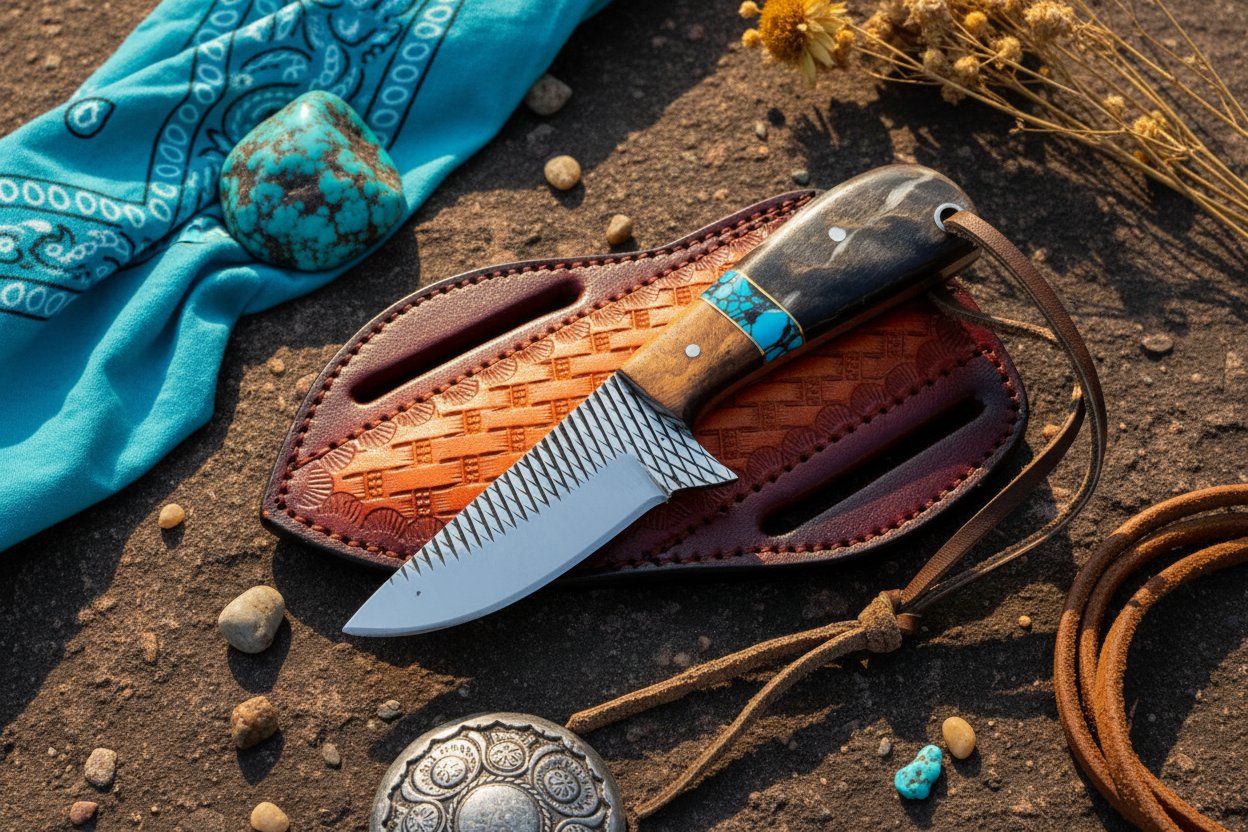 Old West Rasp Steel Knife with Sheep Horn, Turquoise Stone & Rosewood Handle