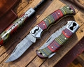 Handmade Cowboy Pocket Knife with 3-inch Damascus steel blade, Exotic Custom Pakka Wood handle, back lock mechanism and leather cross draw sheath.