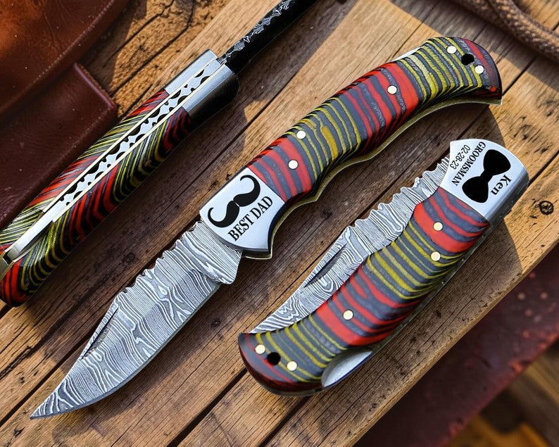 Handmade Cowboy Pocket Knife with 3-inch Damascus steel blade, Exotic Custom Pakka Wood handle, back lock mechanism and leather cross draw sheath.