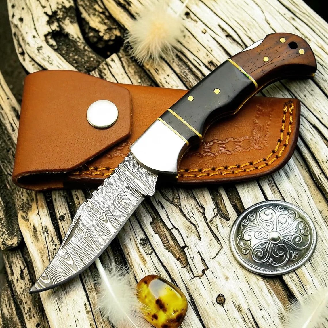 Ranger Damascus Pocket Knife – Handmade Folding Knife with Buffalo Horn, Rosewood Handle & Leather Cross Draw Sheath