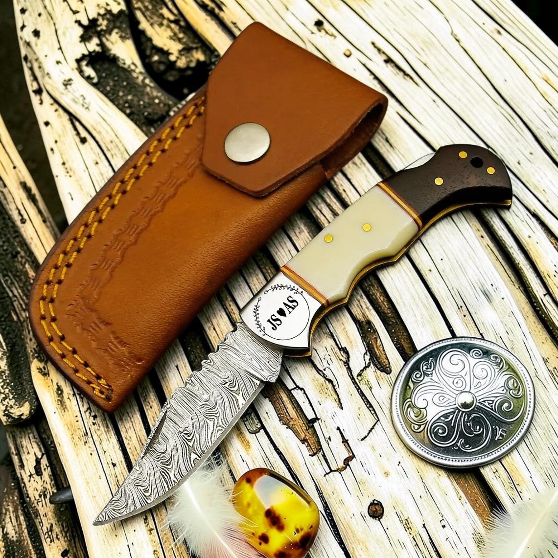 Outlaw Damascus Pocket Knife – Bone & Rosewood Handle with Leather Sheath