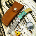 Saddleback Damascus Pocket Knife – Green Turquoise Stone & Bone Handle with Leather Cross Draw Sheath