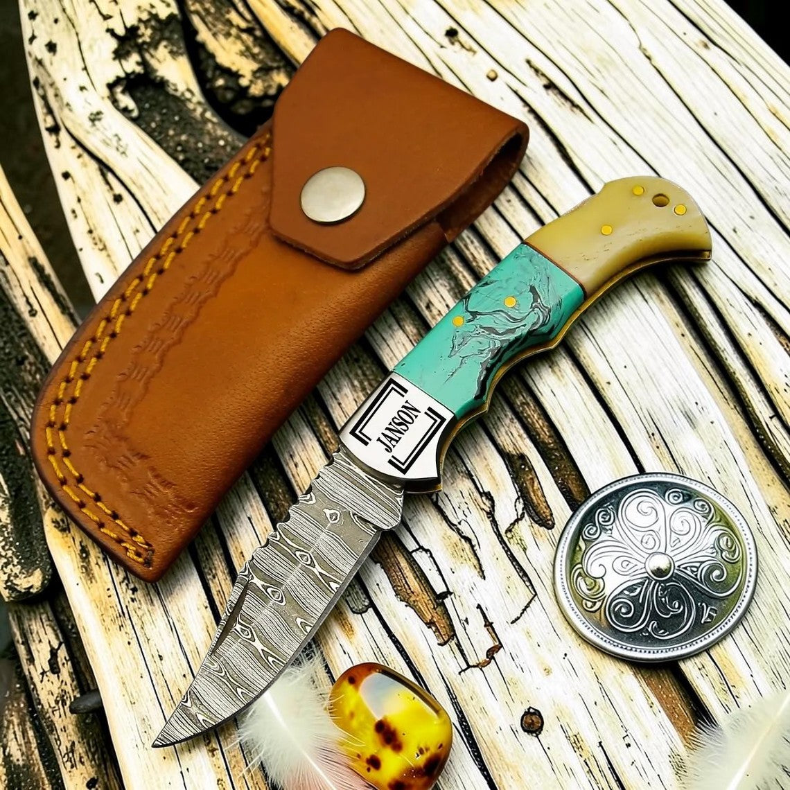Saddleback Damascus Pocket Knife – Green Turquoise Stone & Bone Handle with Leather Cross Draw Sheath