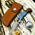 Deadwood Damascus Pocket Knife with Turquoise Stone & Rosewood Handle
