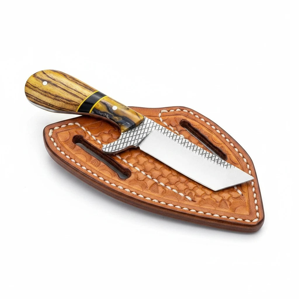 The Iron Maverick – Custom Handmade Rasp Steel Tanto Bull Cutter Knife with Olivewood & Black Resin Handle & Leather Sheath