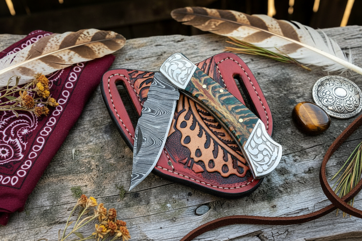 Matching Damascus Pair with Ornate Silver Bolsters & Two-Tone Handles on Burgundy Flame Sheath - Lifestyle Flat Lay